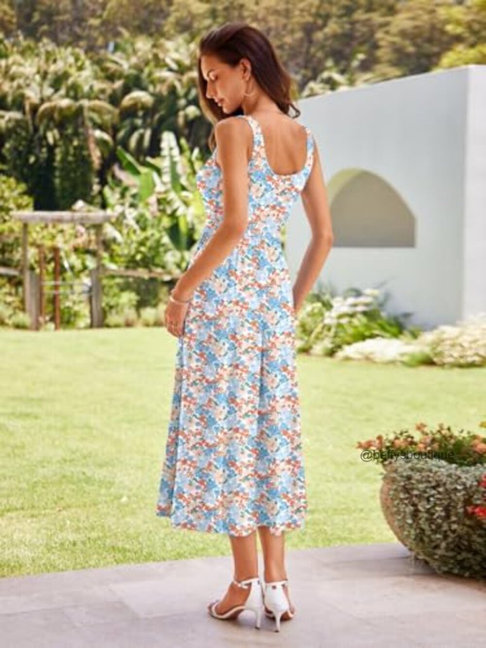 Midi Dress Square Neck Tank Sleeveless A Line Summer Dress with Pockets - Picture 3 of 7